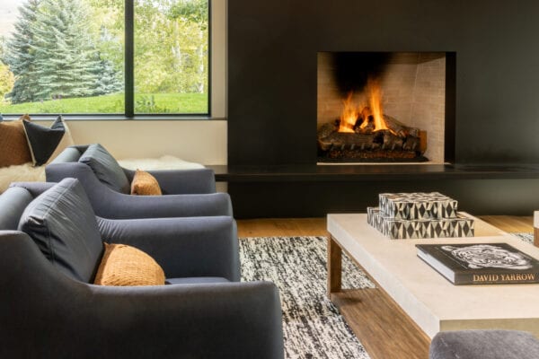 Chairs, coffee table, and fireplace