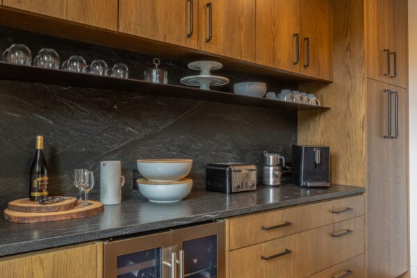Kitchen shelf, dishes, and appliances